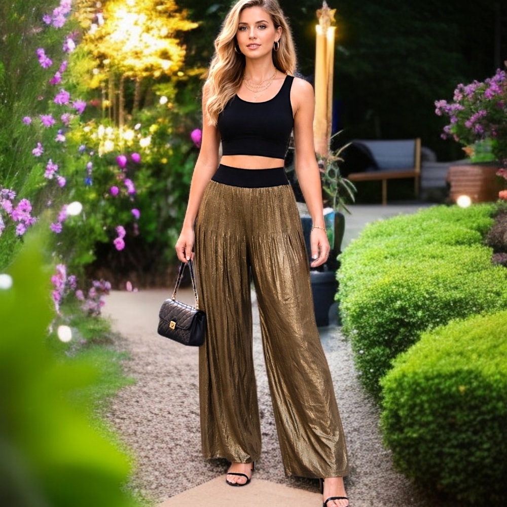 Alfani Wide Leg Palazzo Pant M Metallic Gold Lame' Flowy Lined Party Elegant NEW